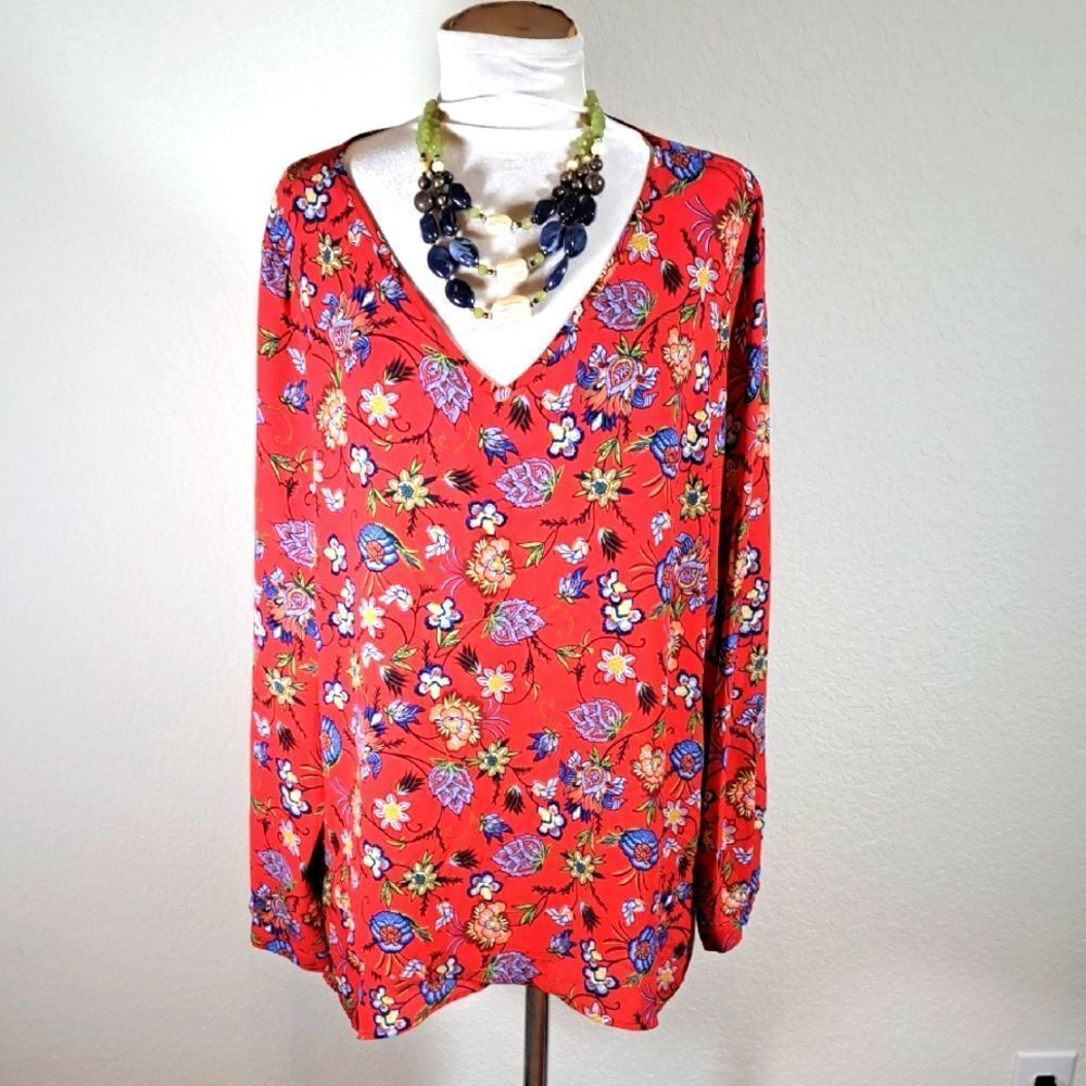 Chelsea & Theodore Women's Floral Top Red Blue Green Print V-Neck Long Sleeve